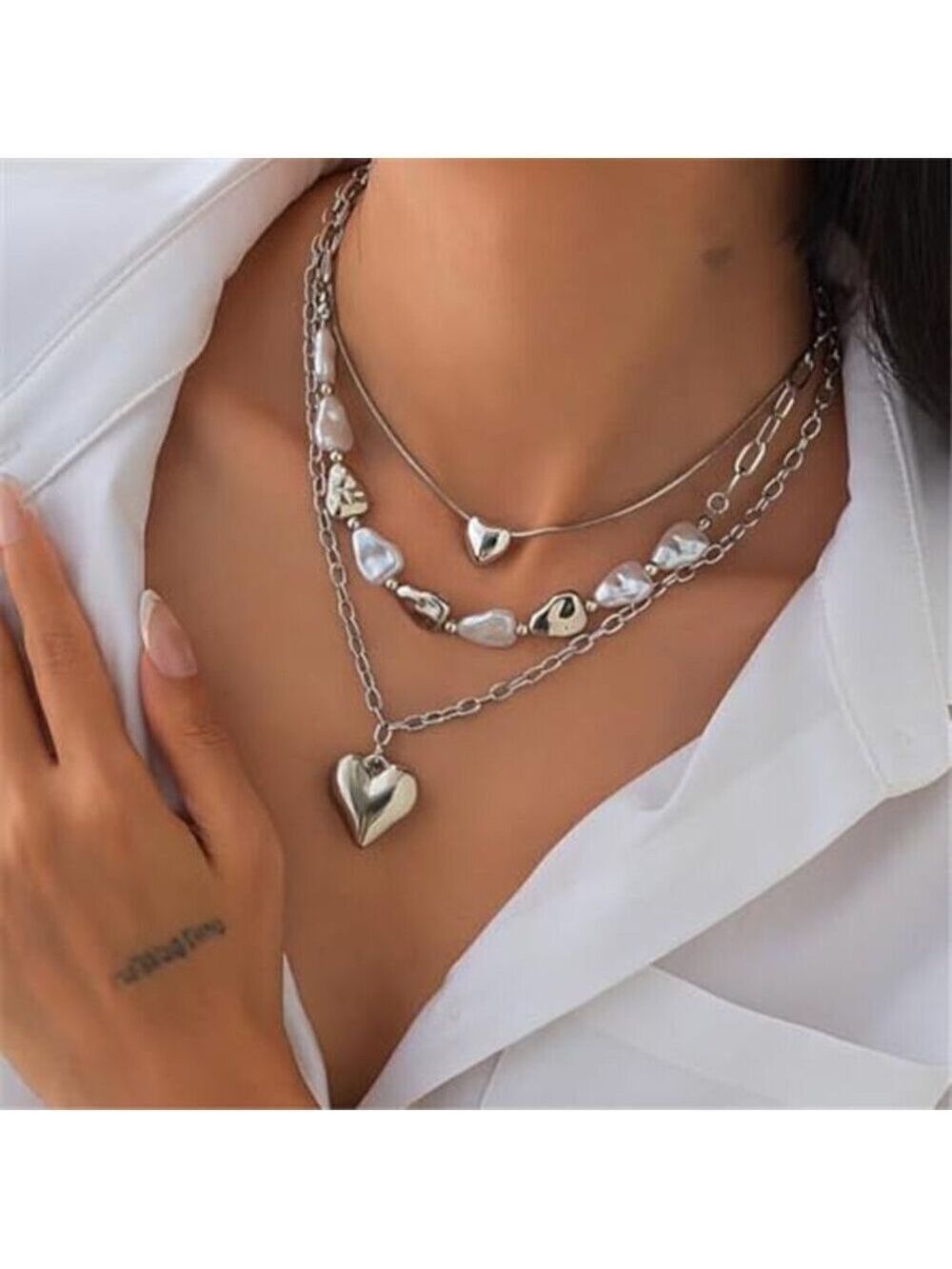 Chunky Necklace for Women Silver Tone Statement Necklaces Big Heart Pendant OT